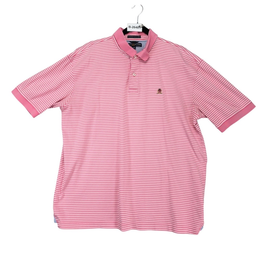 Vintage Y2K Tommy Hilfiger Pink Striped Polo Shirt Mens XL Mercerized Cotton